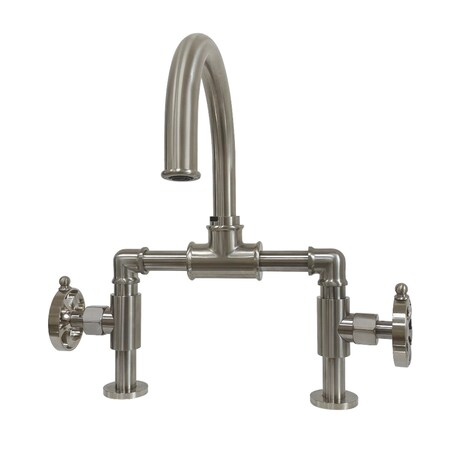 Kingston Brass Indstrl Style Wheel Handle Bridge Bathroom Faucet W/Pop-Up Drain, Nkl KS2178RX